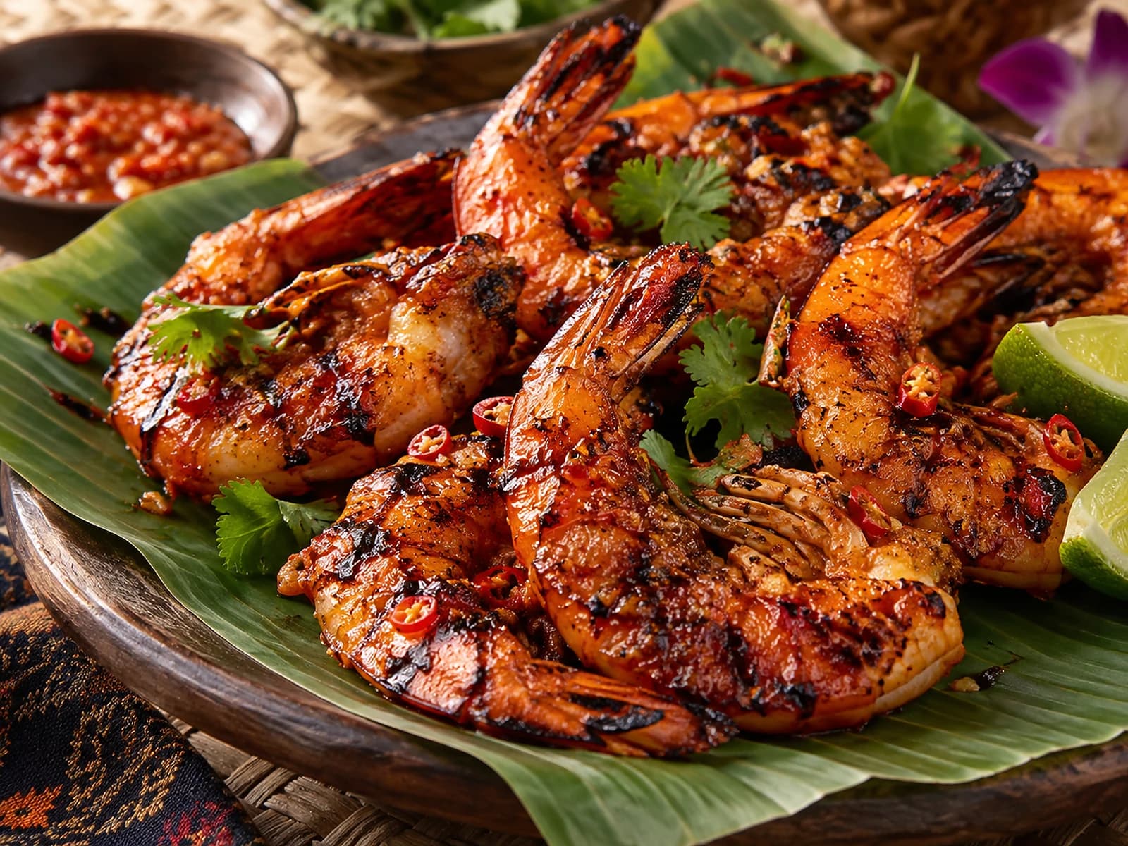 Glossy Indonesian and Thai-style red grilled shrimp with chile, herbs, lime, and deep char