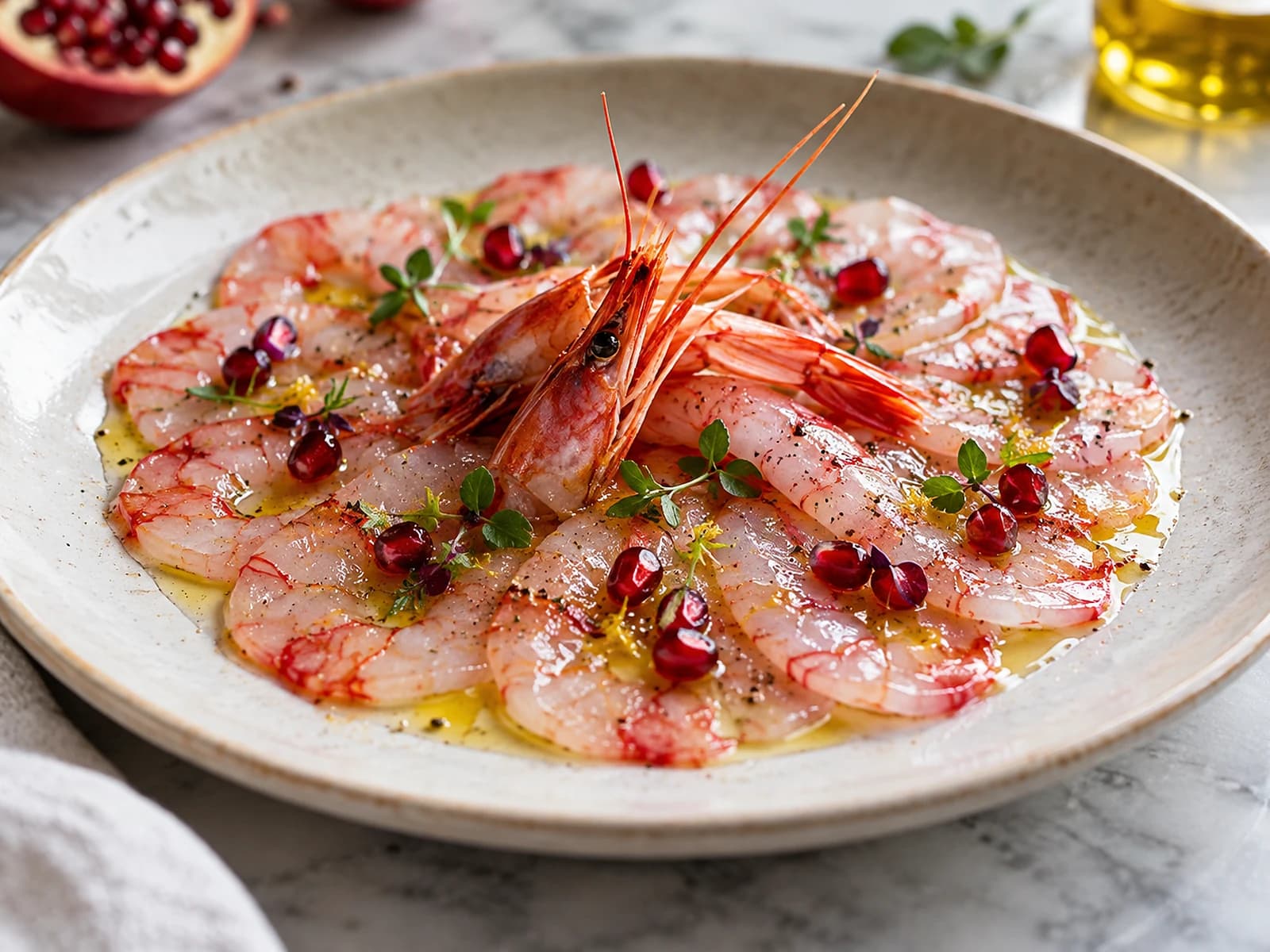 Razor-thin red prawn carpaccio with pomegranate seeds, olive oil, and delicate herbs