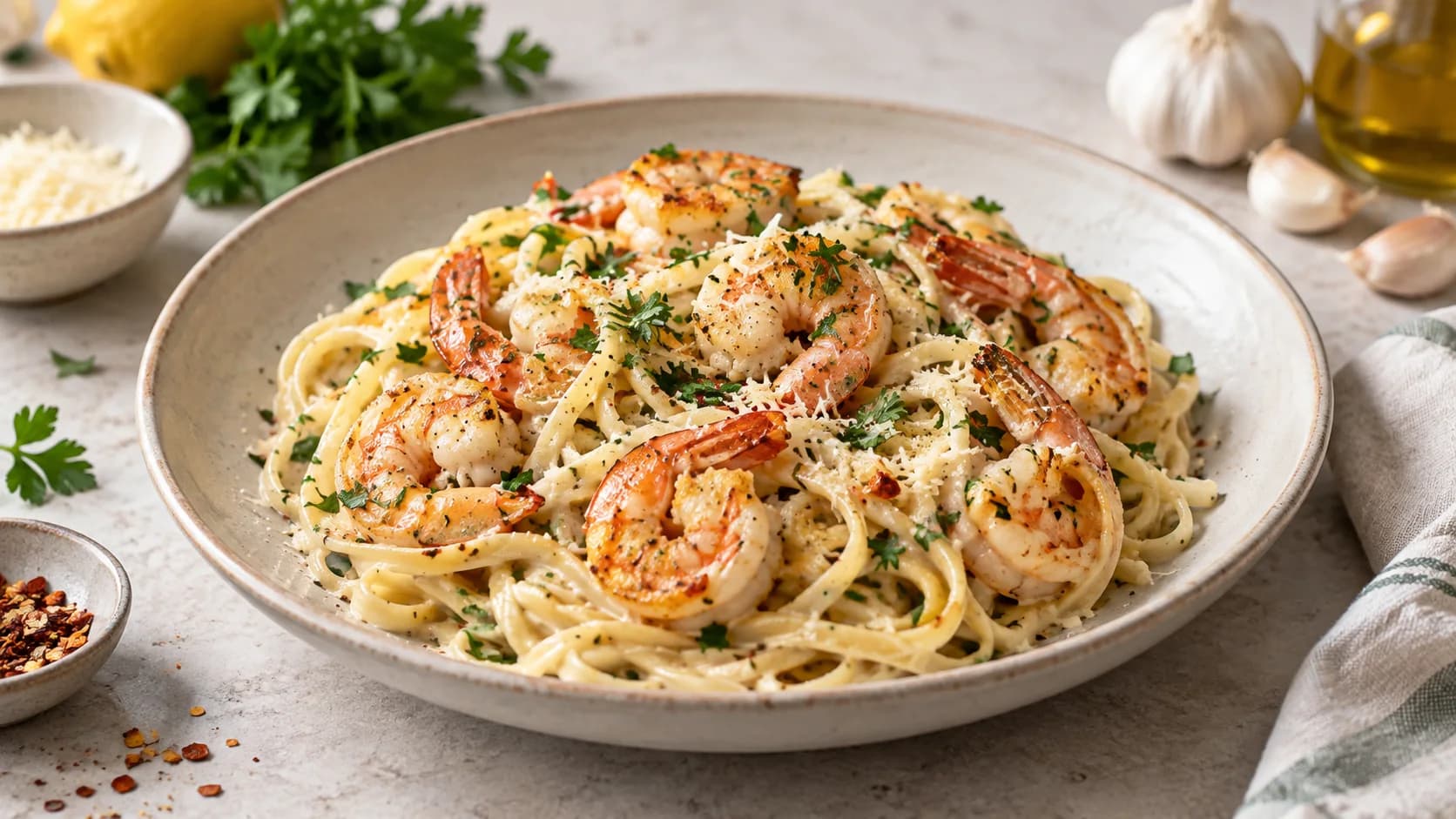 Creamy Garlic Shrimp Pasta finished dish