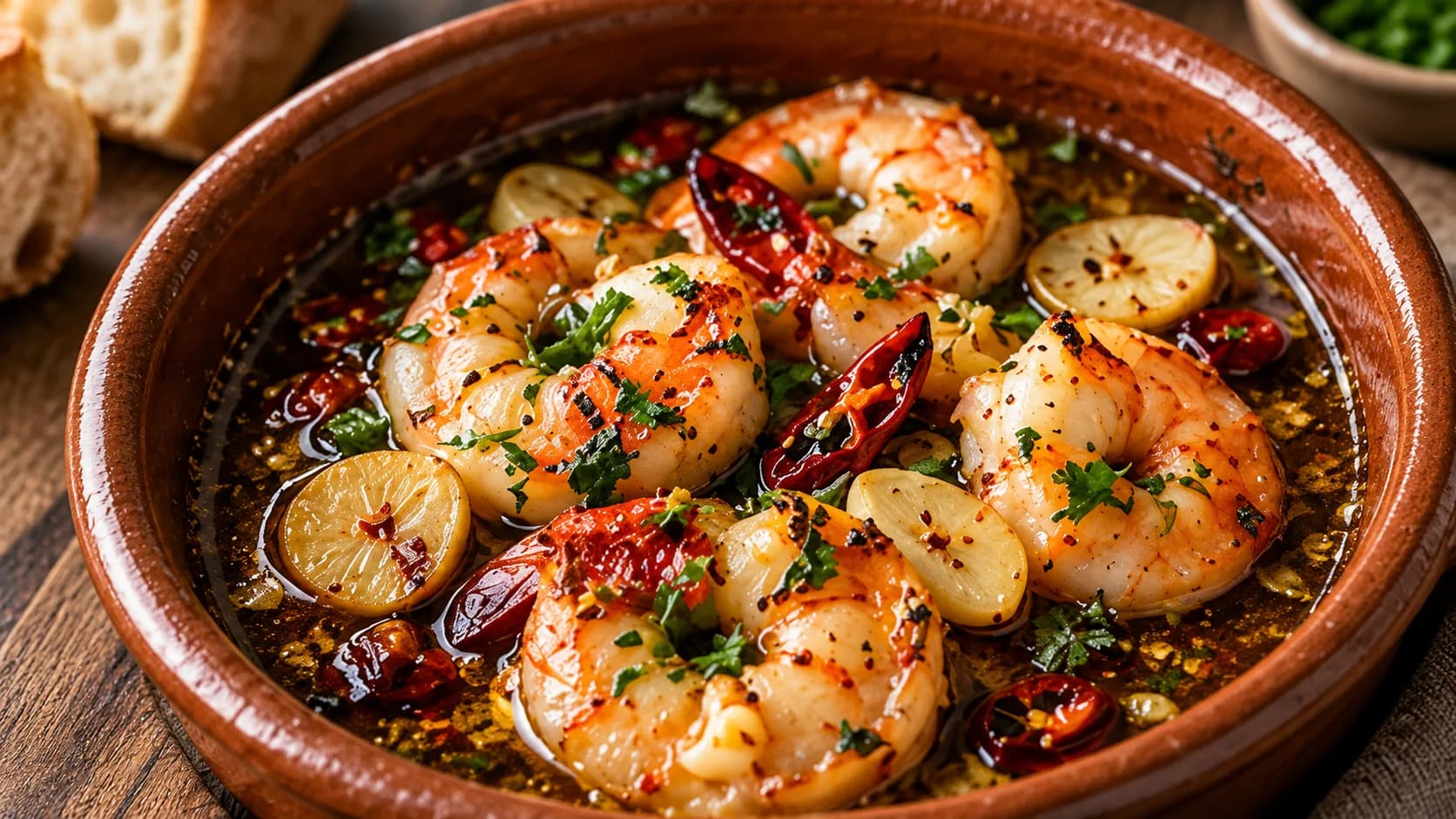 Garlic shrimp in a hot pan, ready to serve