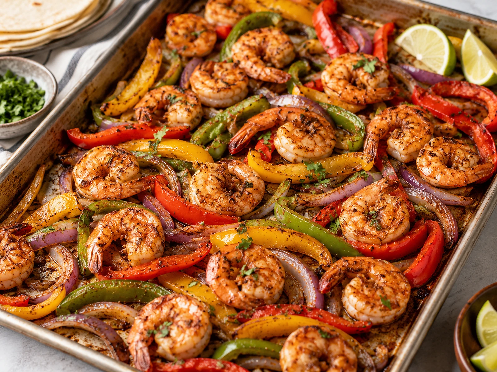 Sheet-pan shrimp fajitas roasted with red, yellow, and green peppers and red onions