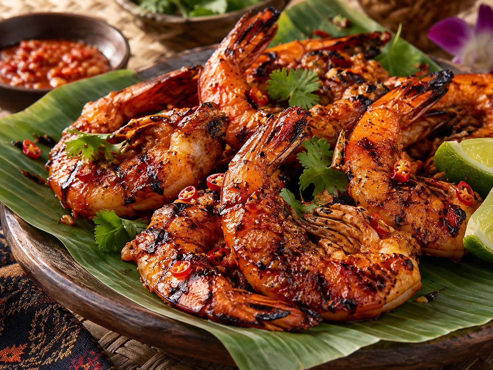 Glossy Indonesian and Thai-style red grilled shrimp with chile, herbs, lime, and deep char